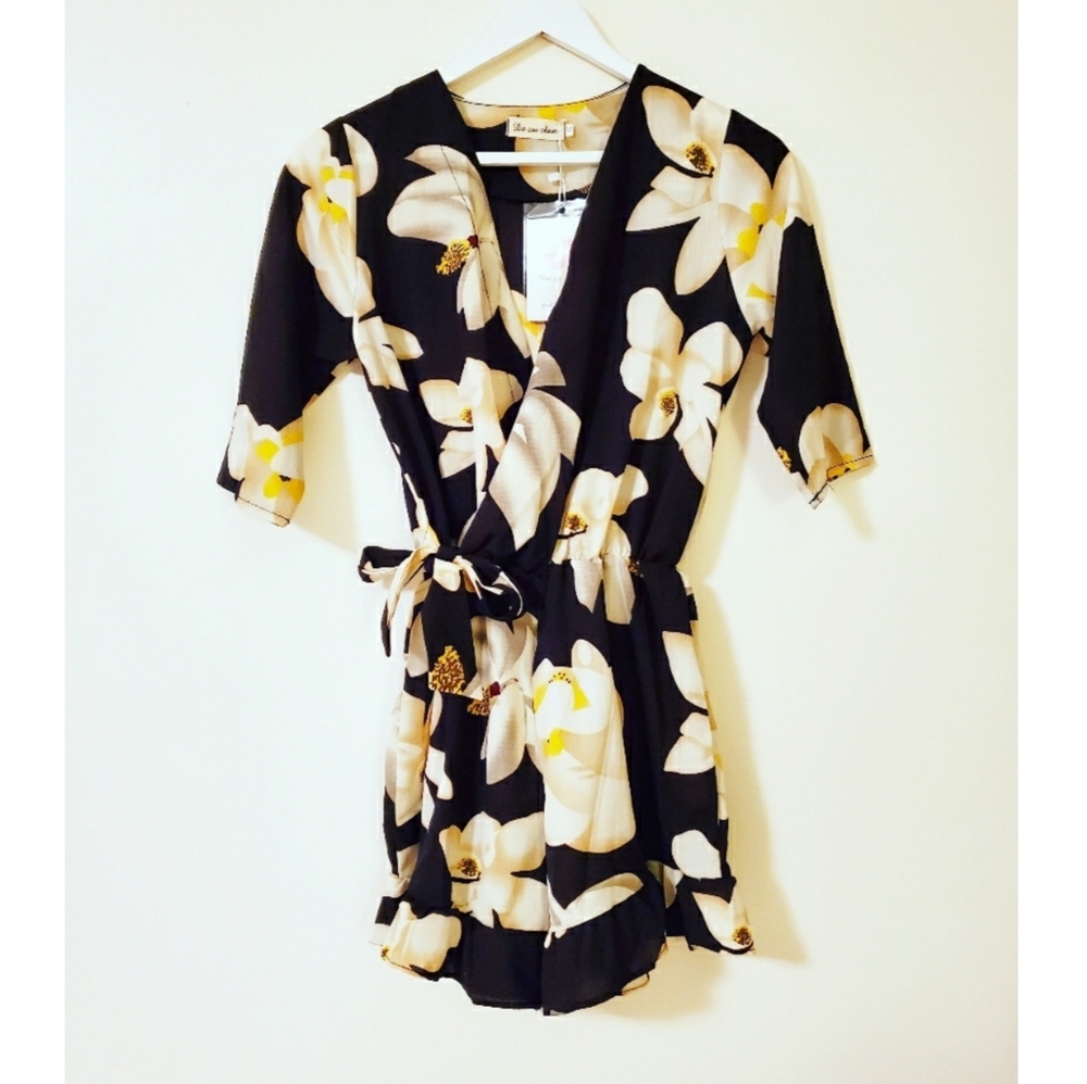 Black Floral Faux Wrap Mid Length Sleeves Romper